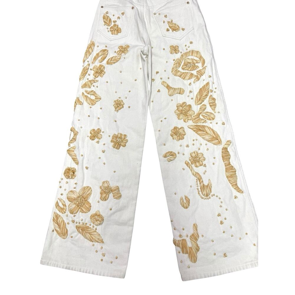 Cult Gaia Jarli White Raffia Appliqué High Rise Wide Leg Jeans XS - Picture 9 of 16